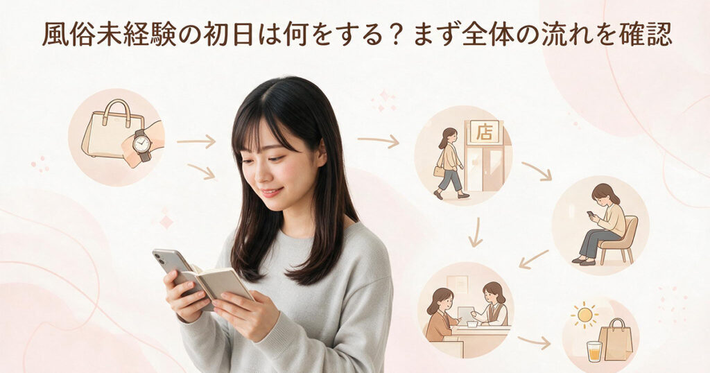 風俗未経験女性が初出勤の1日の流れを確認するイラスト