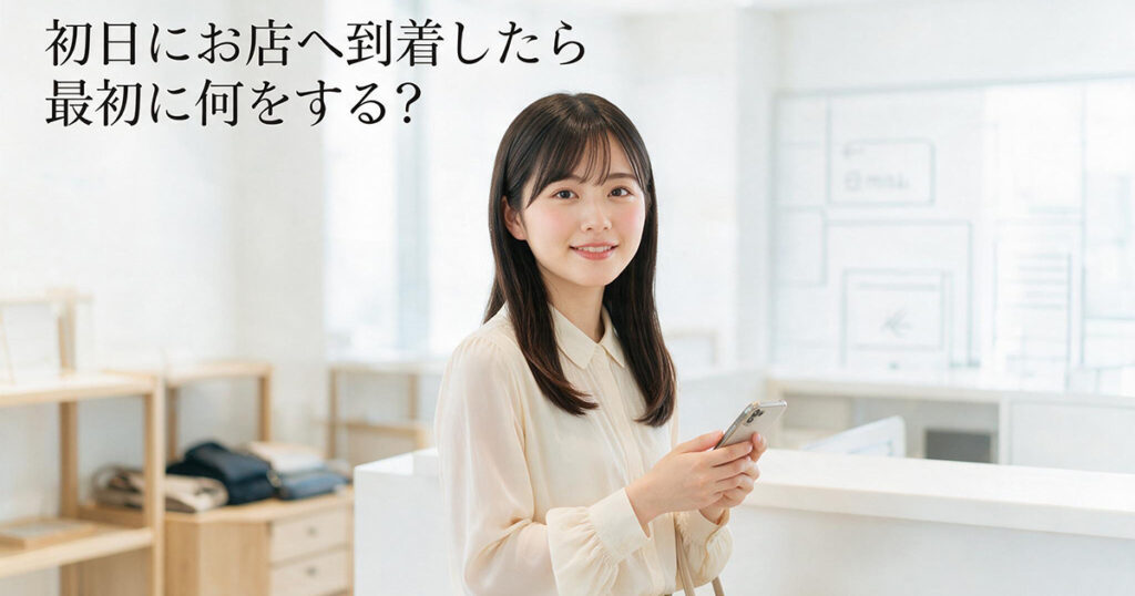 初出勤した女性が店舗でスタッフの案内を受けるイラスト