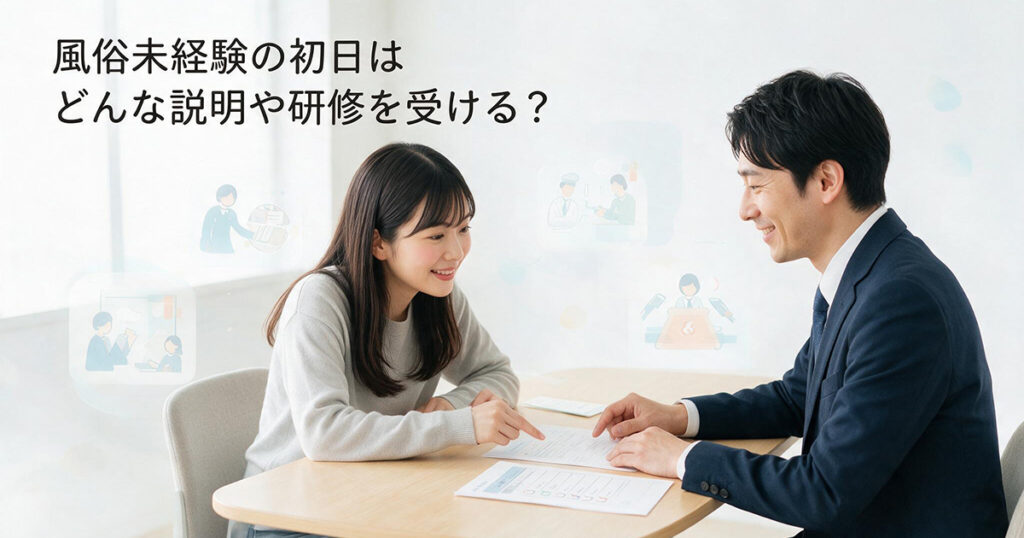 風俗未経験女性がスタッフから仕事の説明を受けるイラスト