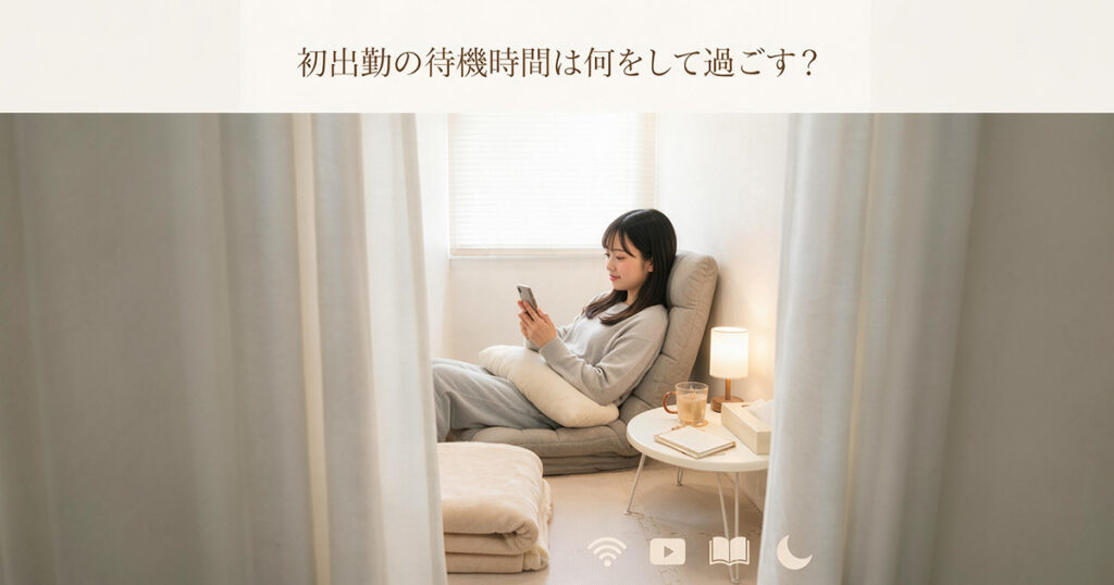 個別待機スペースでスマートフォンを見て過ごす女性