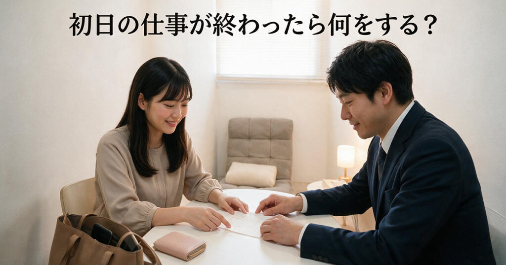 初日の仕事を終えて給料の精算を確認する女性のイラスト
