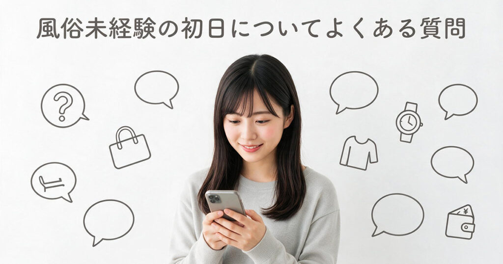 初出勤についてスマートフォンで疑問を調べる女性のイラスト