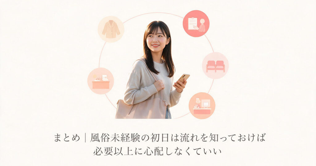 初出勤を終えて安心した表情で帰宅する女性のイラスト