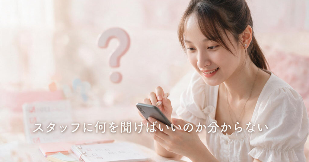 スタッフへ何を質問すればよいか考える女性