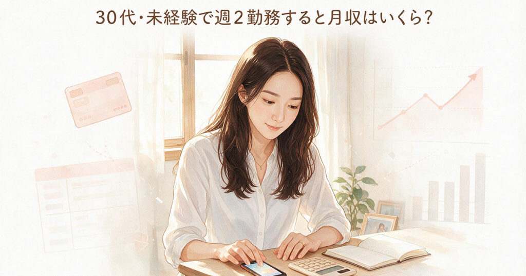 30代未経験女性が週2勤務の月収を確認するイラスト