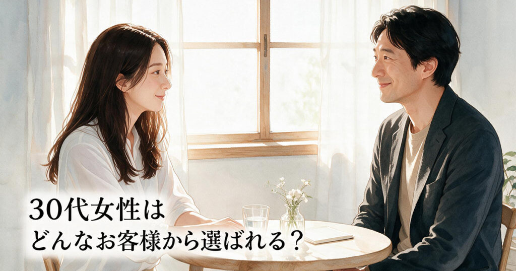 落ち着いたお客様と自然に会話する30代女性