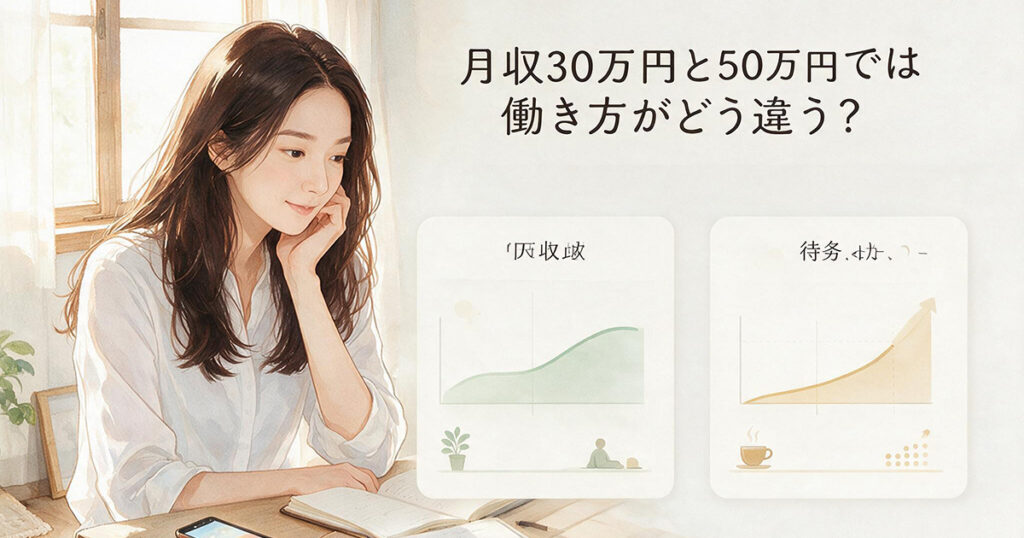 月収30万円と50万円の働き方を比較する30代女性