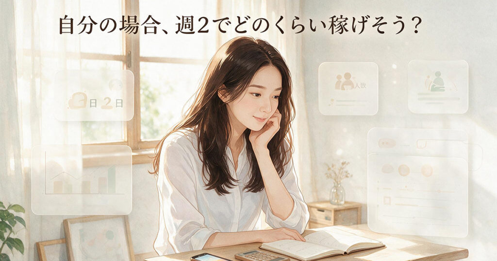 自分が週2で働いた場合の月収を計算する30代女性