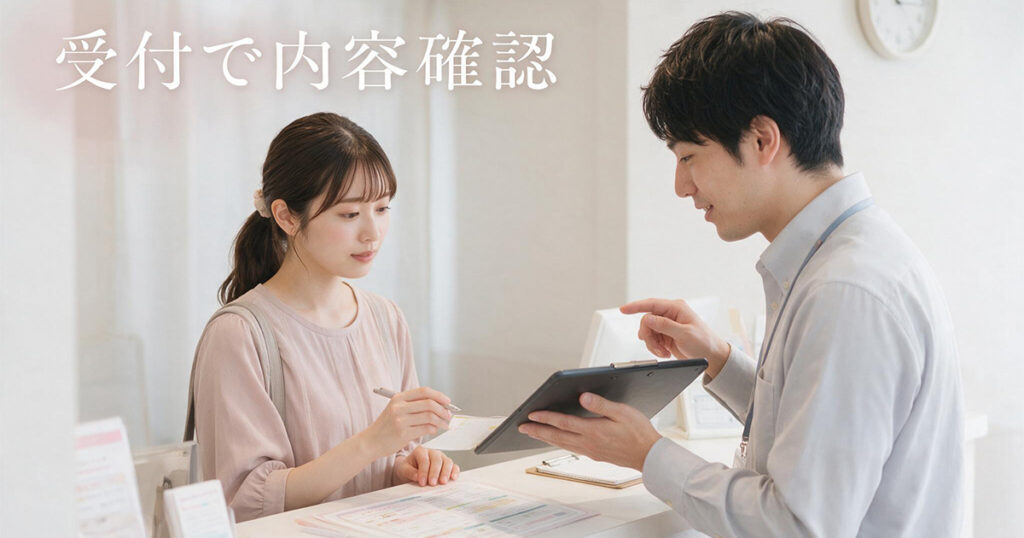 受付で説明を聞く女性
