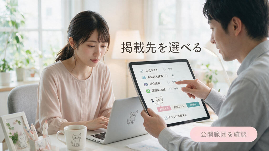 写真をどの掲載媒体に公開するかをスタッフと相談しながら確認する女性のイメージ
