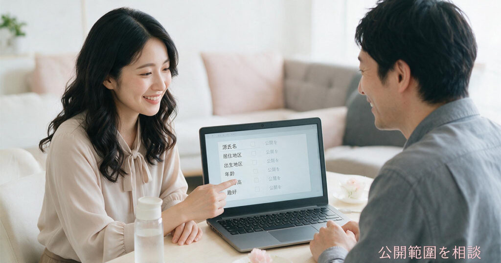 プロフィール情報の公開範囲についてスタッフと相談しながら確認する女性のイメージ