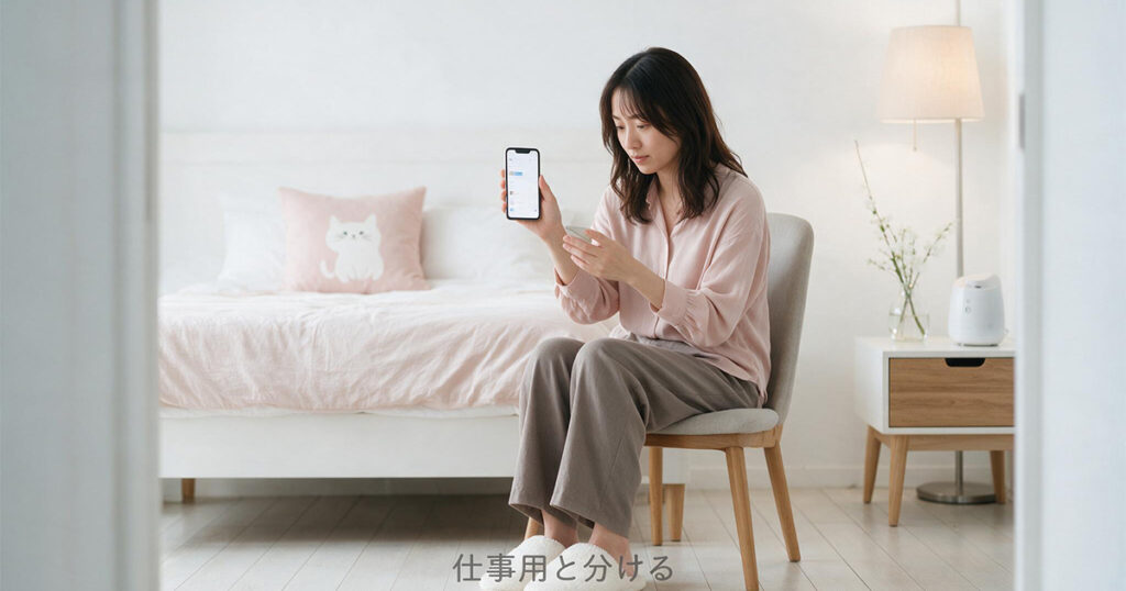 SNSや写メ日記の投稿内容を確認しながら仕事用と私生活用を分けて管理する女性のイメージ