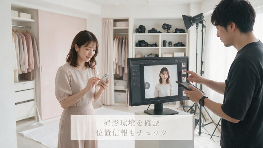 室内スタジオで撮影前に背景や写真データの位置情報を確認している女性のイメージ