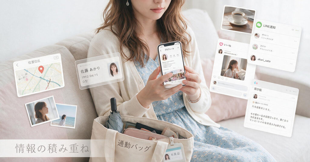 写真やSNS、プロフィールなど複数の情報から身バレの原因を確認する女性のイメージ