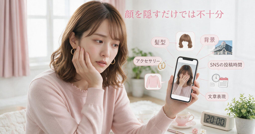 顔を隠しただけでは防ぎきれない身バレの可能性について考える女性のイメージ