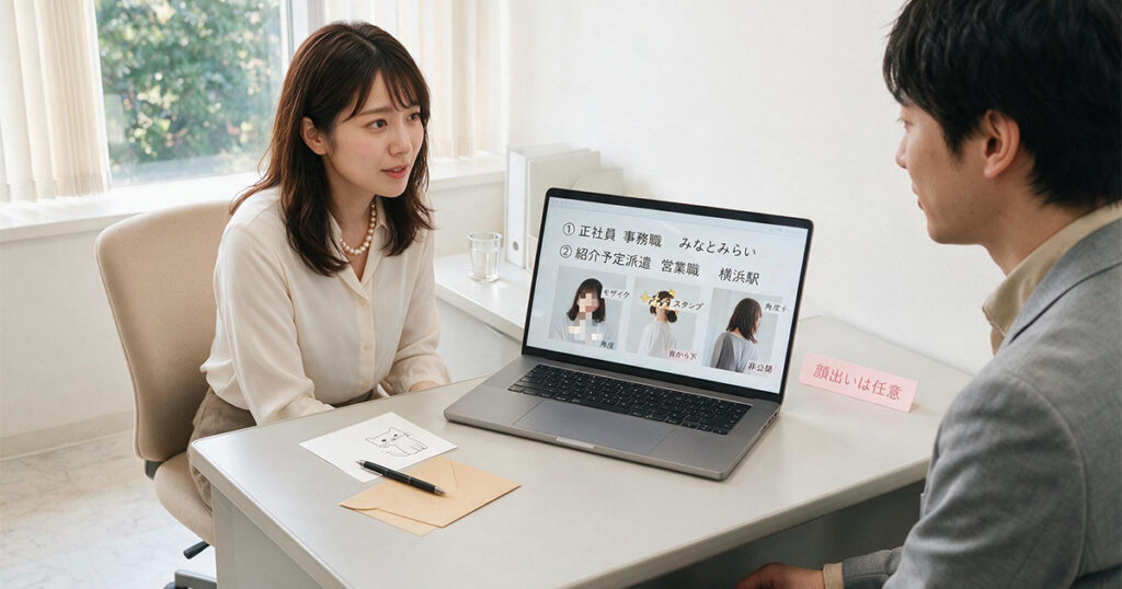 顔出しの有無や写真の掲載方法を相談する女性のイメージ
