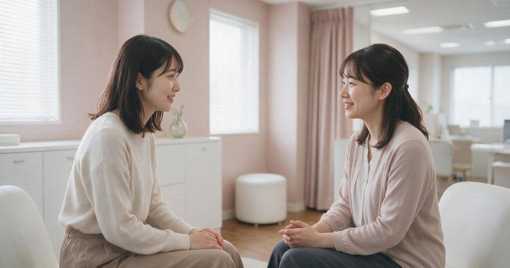 体調や仕事の悩みを女性メンターへ相談する女性