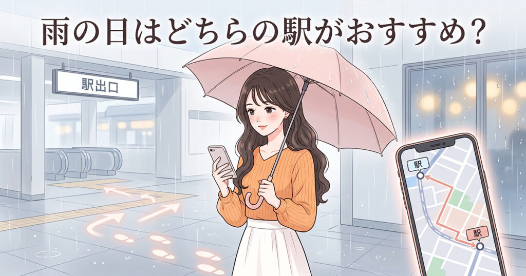 雨の日の駅からの行き方を考える女性