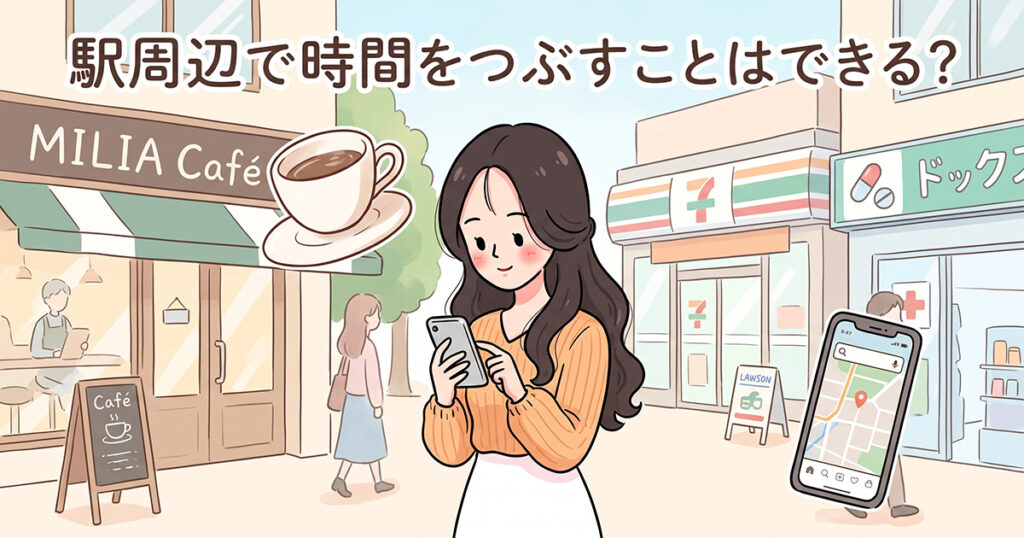 駅周辺で時間をつぶせる場所を探す女性