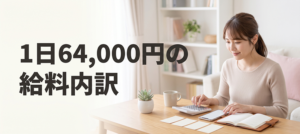 1日64,000円の給料内訳を確認する女性