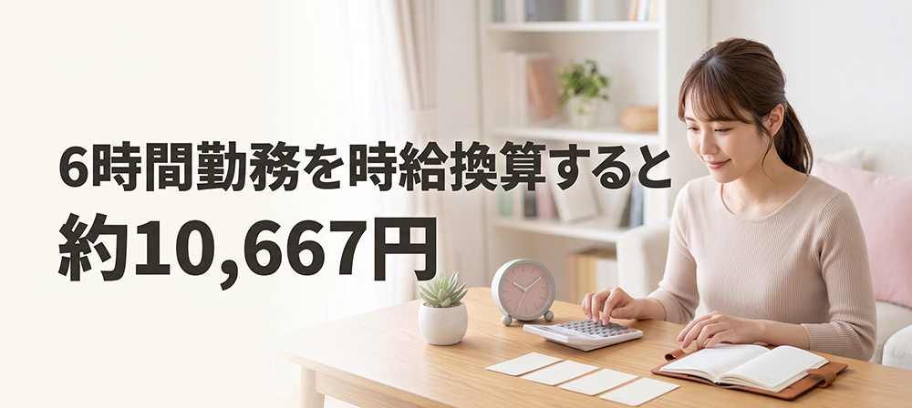 6時間勤務の収入を電卓で計算する女性