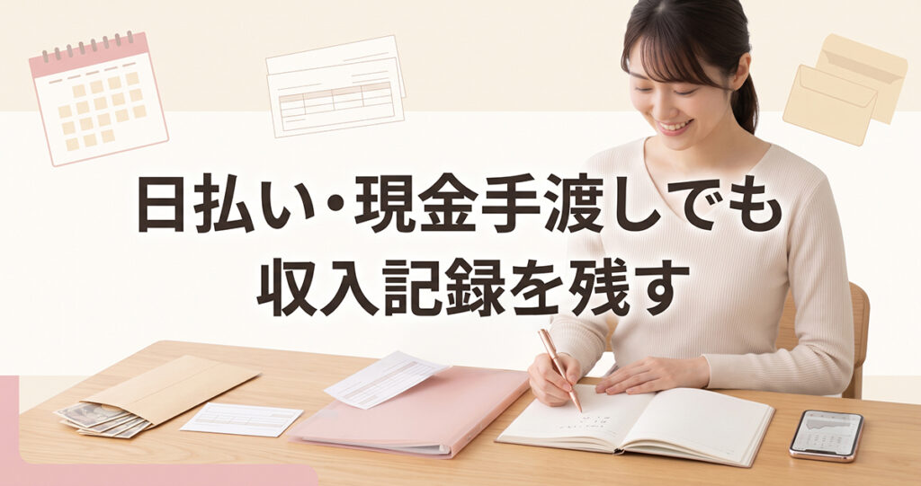 現金手渡しの収入を明細に記録する女性