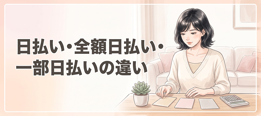 日払いの支払い方法を比較する女性のイラスト