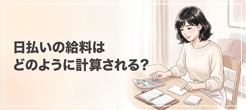 日払いの給料を電卓で計算する女性のイラスト
