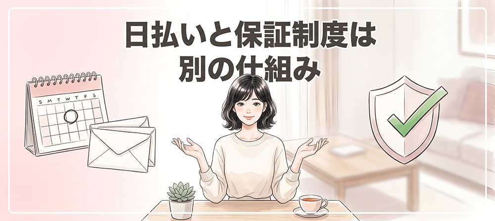 日払いと保証制度を比較する女性のイラスト