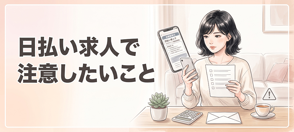 日払い求人の条件を確認する女性のイラスト