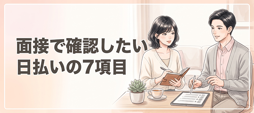 代替えテキスト：男性スタッフに日払い条件を確認する女性のイラスト