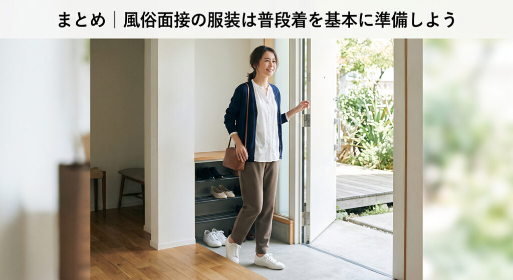普段着と歩きやすい靴で面接に向かう女性