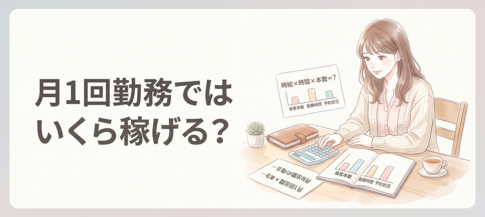 月1回勤務の収入を計算する女性のイラスト