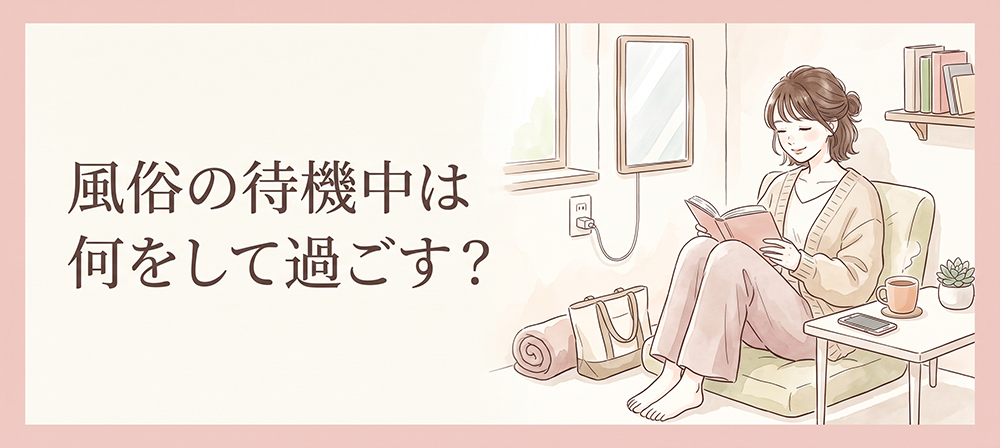 個室待機室で自由に過ごす女性のイラスト