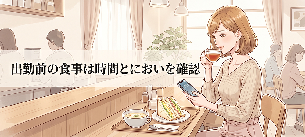 出勤前に一人で軽い食事を取る女性