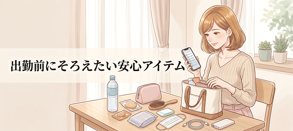 飲み物や日用品など出勤前の準備をする女性